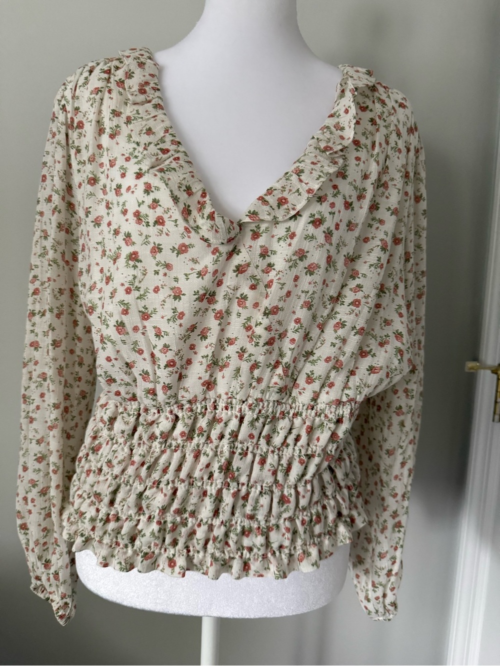 1. STATE Cream Blouse with Orange & Green Floral Print and Smocked Waist. Size L